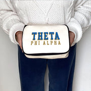 Angled view of Theta Phi Alpha 3D Print Sorority Name Cosmetic Make Up Bag showcasing 3D lettering