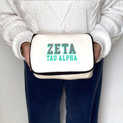 Angled view of Zeta Tau Alpha 3D Print Sorority Name Cosmetic Make Up Bag showcasing 3D lettering