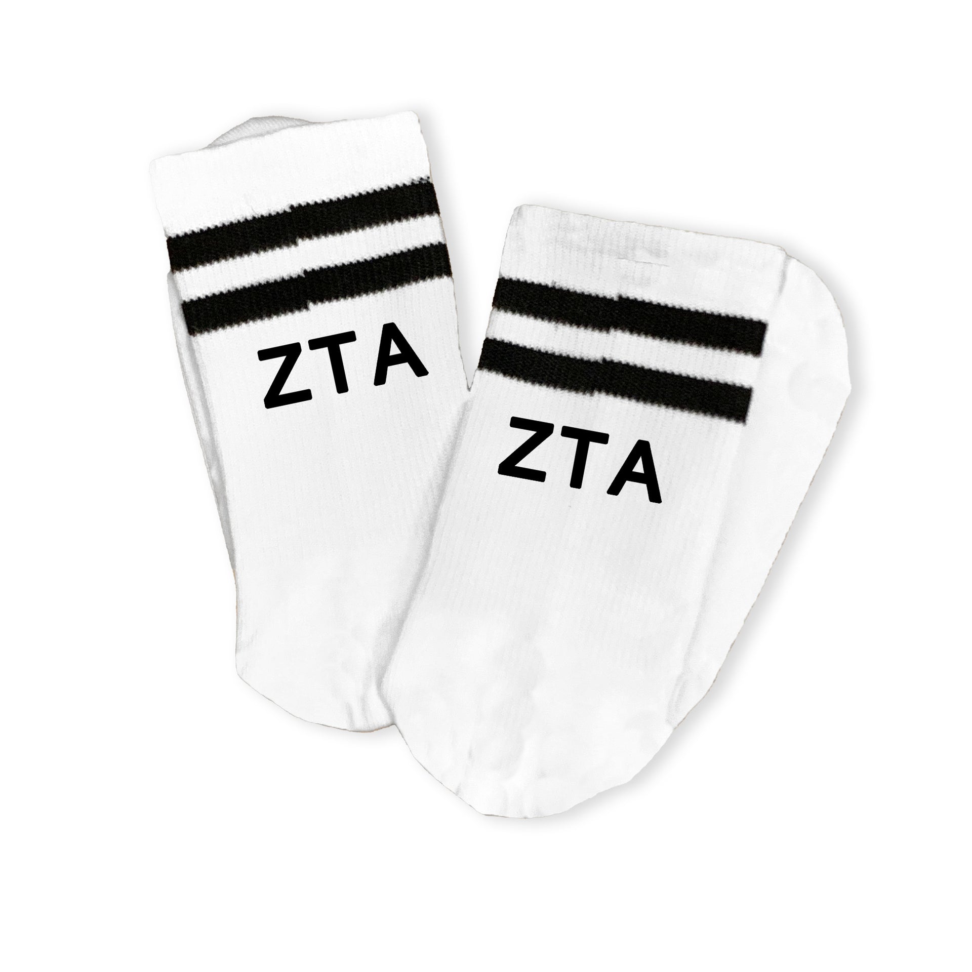 Zeta Tau Alpha striped sorority socks with the text on the back of the leg.