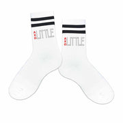 AXO Big and Little design with greek letters printed on striped cotton crew socks.