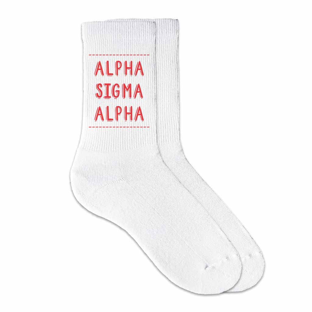 Alpha Sigma Alpha sorority crew socks digitally printed in sorority color on soft white cotton crew socks make the perfect gift for your sorority sisters.