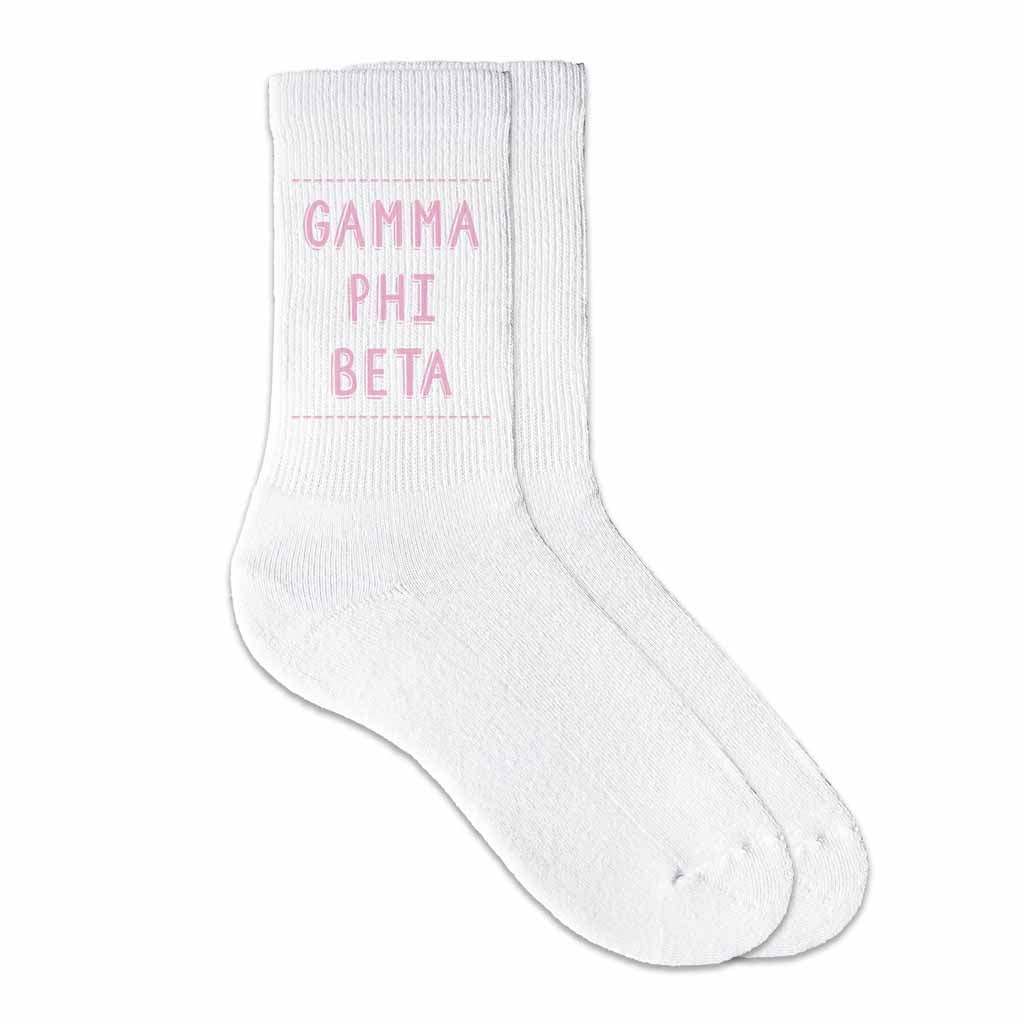 Gamma Phi Beta sorority crew socks digitally printed in sorority color on soft white cotton crew socks make the perfect gift for your sorority sisters.