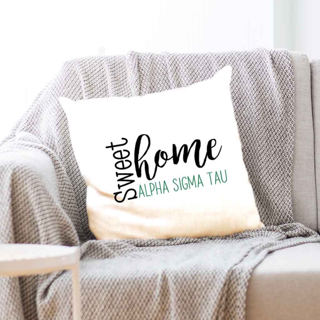 Alpha Sigma Tau sorority name with stylish sweet home design custom printed on white or natural cotton throw pillow cover.