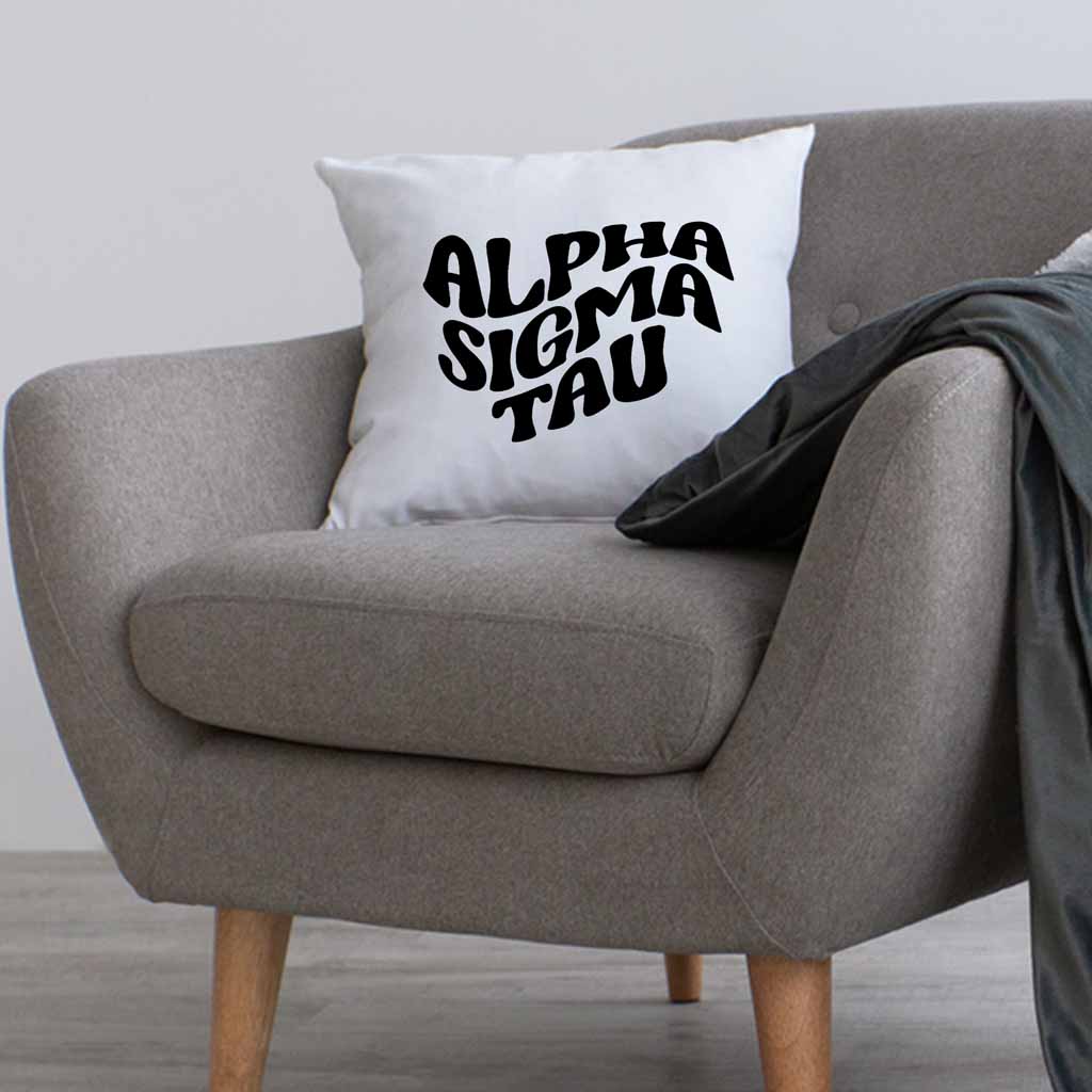 AST sorority name in mod style design custom printed on white or natural cotton throw pillow cover.
