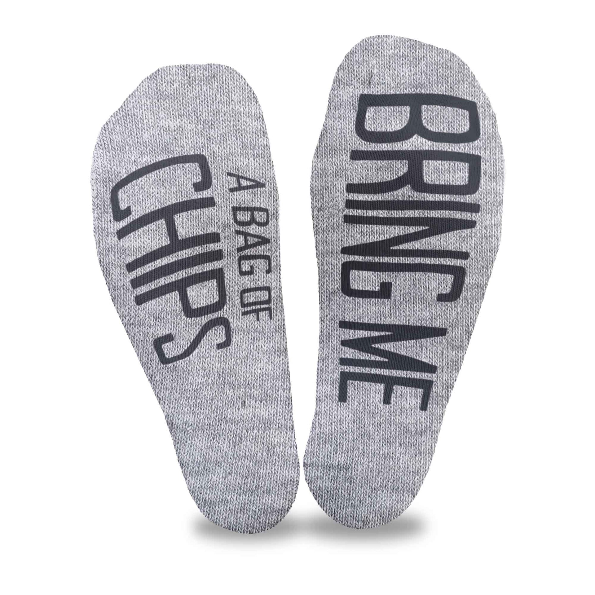 Bring me a bag of chips custom printed on the bottom soles of heather gray no show socks make a great gift idea for someone special.