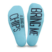 Bring me a bag of chips custom printed on the bottom soles of cotton turquoise no show socks make a great gift for anyone who wants chips now!