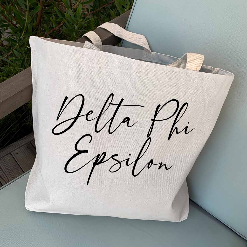 Stylish Delta Phi Epsilon nickname custom printed on canvas tote bag is the perfect carry all for your college sorority gear.