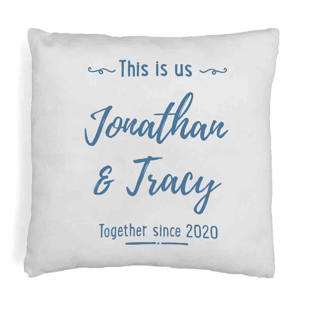 This is us design custom printed on accent throw pillow cover with your names and date.