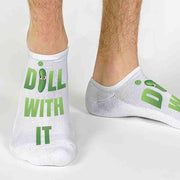Fun no show socks custom printed by socprints with Dill With It printed on the top of the white no show socks.