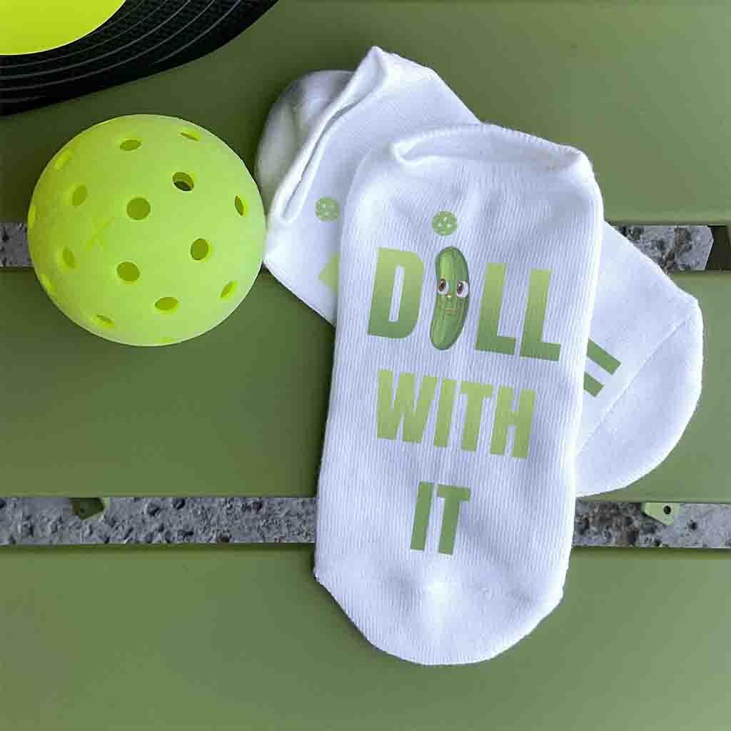 Dill with it digitally printed on the top of the white cotton no show socks custom designed by sockprints.