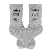 Funny right and left socks personalized with a person's name printed on cotton crew socks