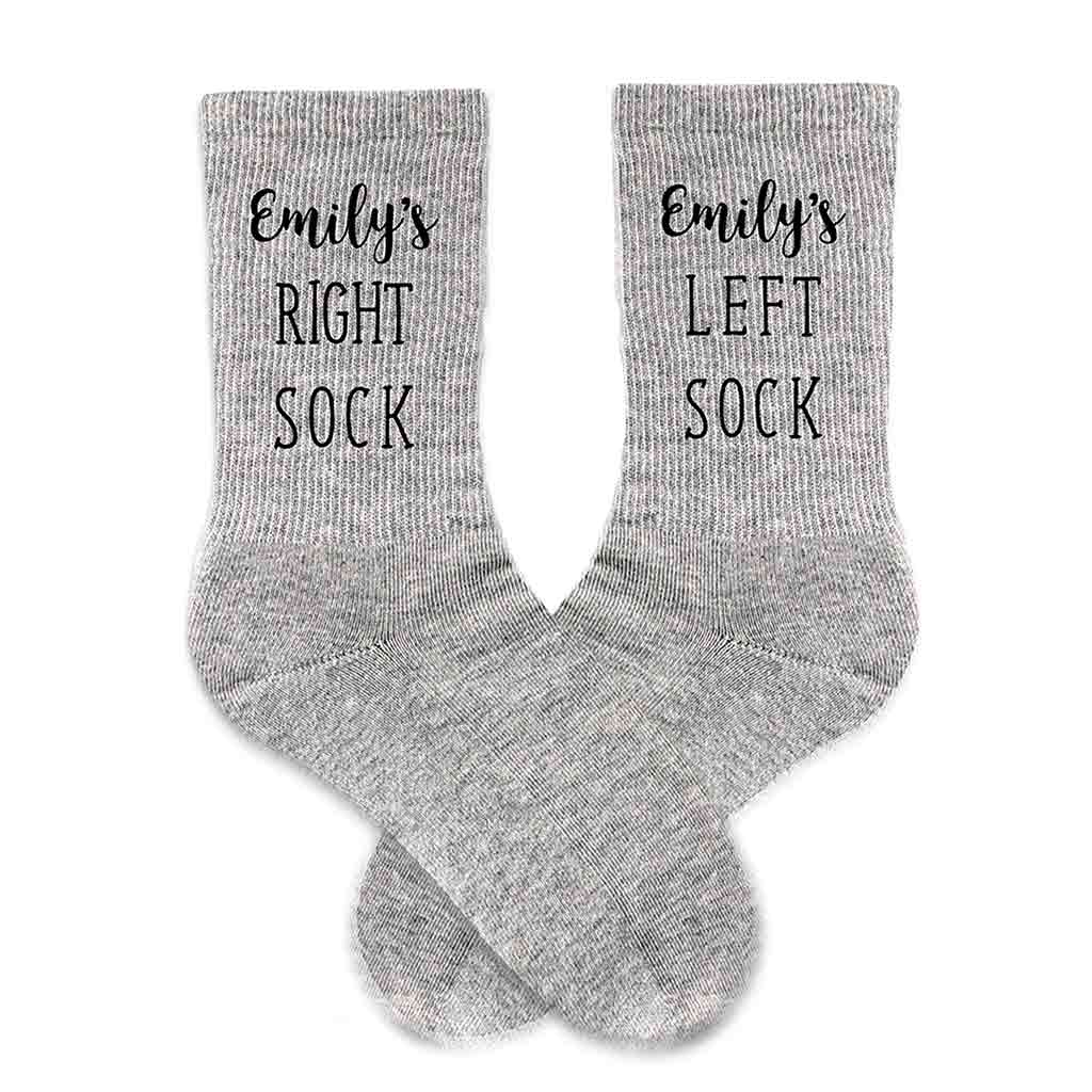 Funny right and left socks personalized with a person's name printed on cotton crew socks
