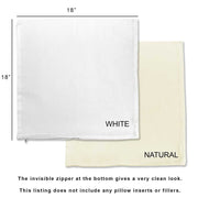 Flat pillow cover in white or natural canvas sizing chart.