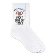 Custom printed lucky game day socks for the sports fan digitally printed on crew socks.