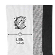 Personalized steampunk groomsmen socks for the entire wedding party printed with gear style design, your wedding role and date make these socks the perfect groomsmen gift and wedding day accessory.