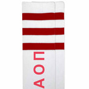 Alpha Omicron Pi sorority letters custom printed on cotton red striped knee high socks.