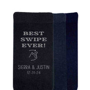 These original wedding socks with a  swipe right design digitally printed on the side make this a unique gift for your groom on your special day. 