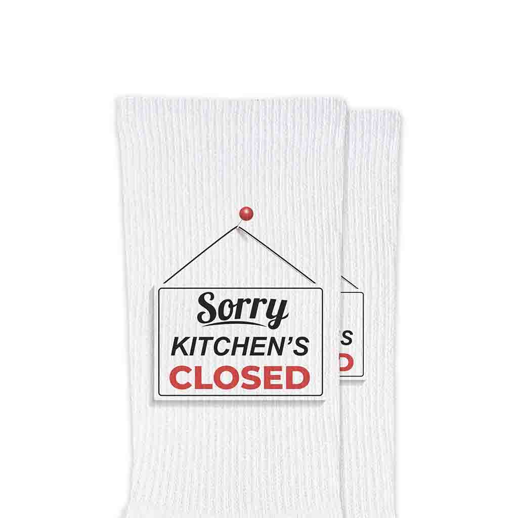 Custom designed pickleball socks digitally printed with sorry kitchens closed by sockprints.