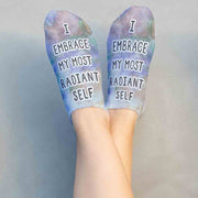 Soft and comfy white cotton no show socks printed with I embrace my most radiant self design by sockprints.