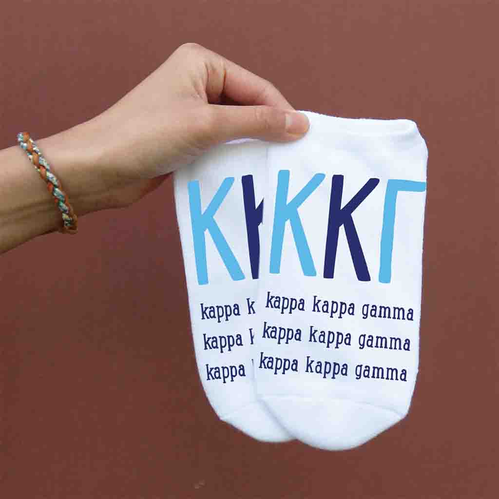 Kappa Kappa Gamma sorority letters and name digitally printed on no show socks.