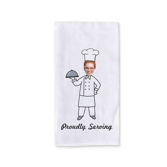 Proudly serving digitally printed humorous kitchen dish towel for the cook with your photo and personalized