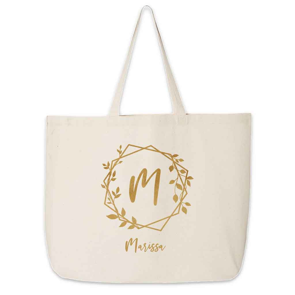 Roomy canvas tote bag personalized with your name and monogram.