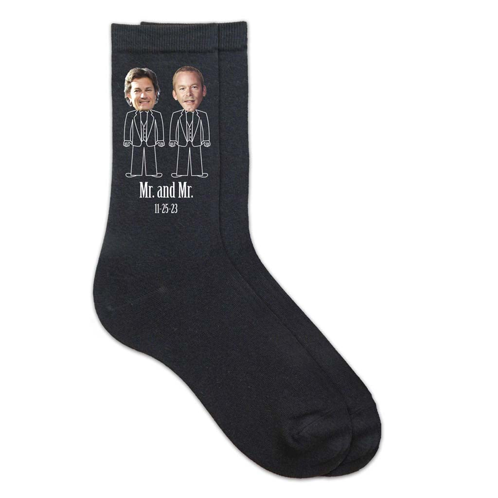 Custom printed Mister and Mister wedding socks with photos and date.