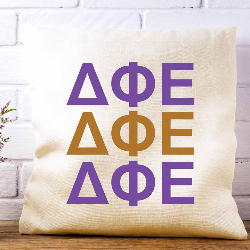 Delta Phi Epsilon sorority letters digitally printed in sorority colors on white or natural cotton throw pillow cover makes a great affordable gift idea.