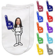 Number one fan foam finger photo face custom printed on no show socks.