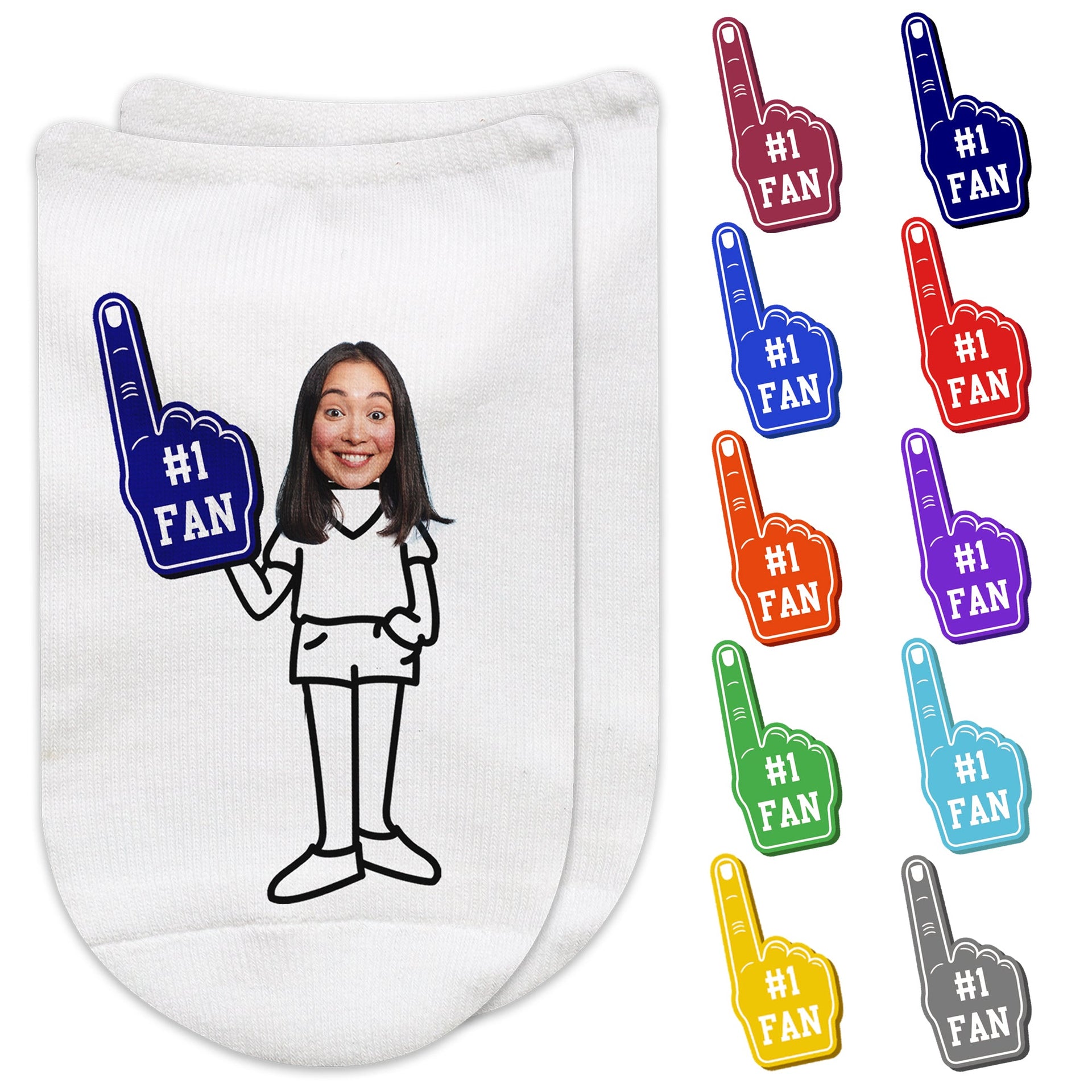 Number one fan foam finger photo face custom printed on no show socks.