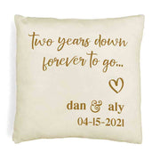 Two year anniversary design custom printed on throw pillow cover with your names and date.