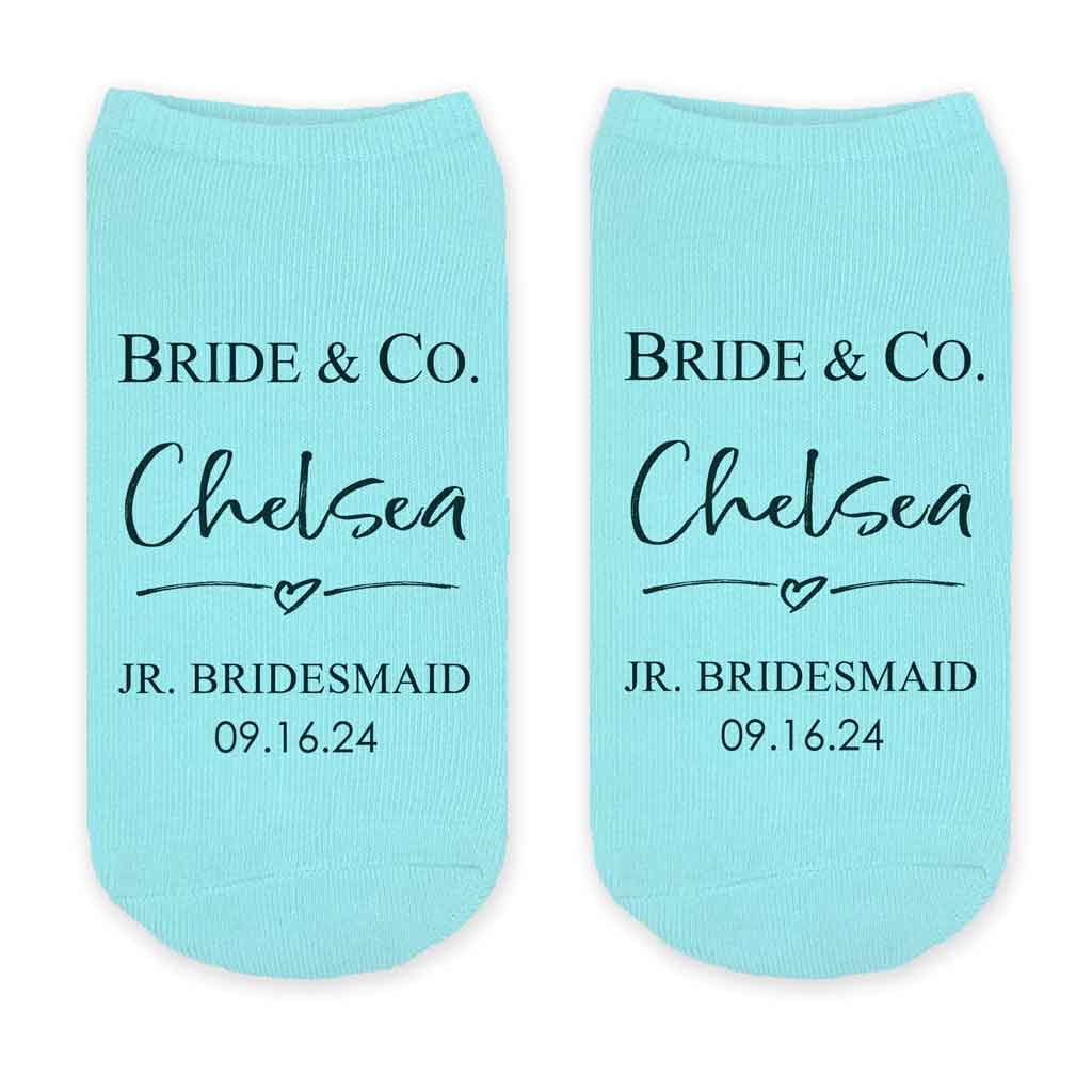 Bride and Co tiffany inspired design custom printed on cotton turquoise no show socks with your name, date, and role make a great gift for the entire bridal party.