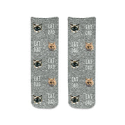 Custom printed photo face socks with your pets face and text printed on the short cotton crew socks.