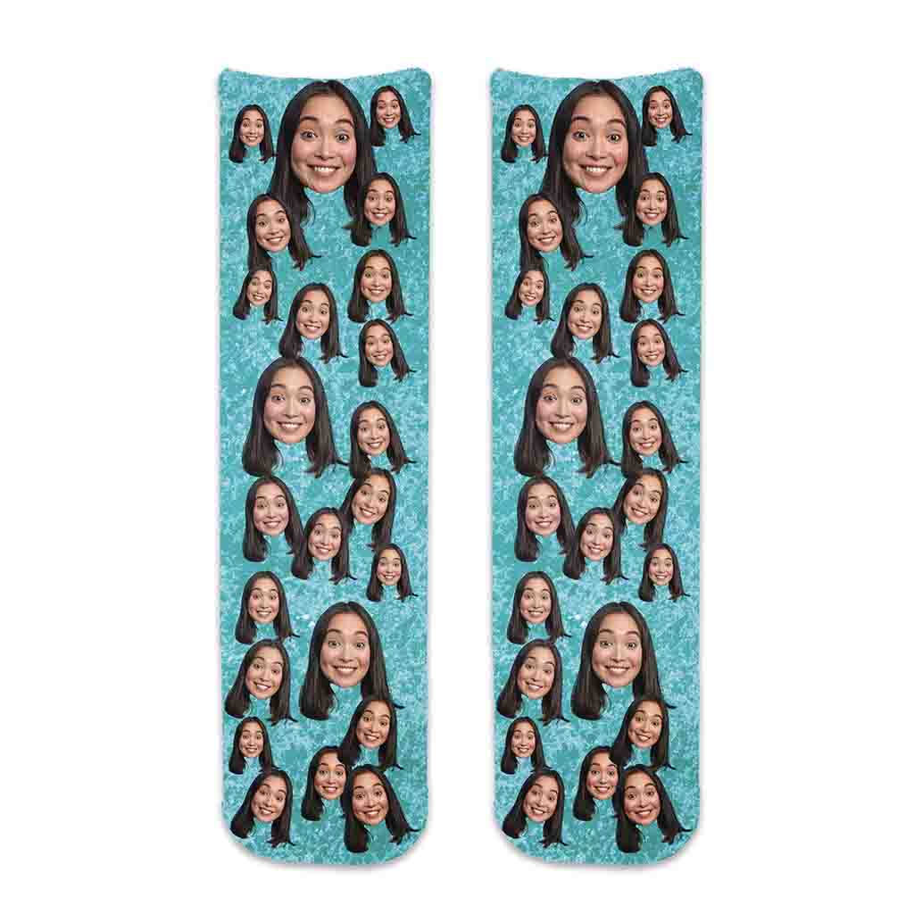 Custom printed cotton crew socks using your photo face cropped and all over design on blue speckle background is a cute gift idea.
