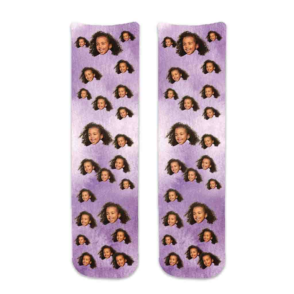 Custom printed photo collage using your photo with face cropped and digitally printed on purple wash background of cotton crew socks.