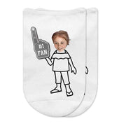 #1 fan in gray personalized with you photo face on selected body style digitally printed on white no show socks.