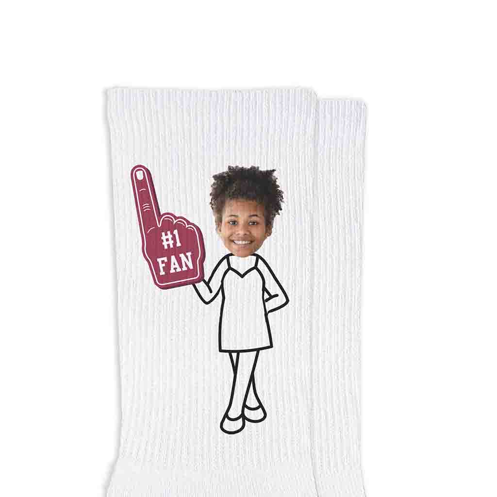 #1 fan design custom printed on the sides of each pair of rib knit crew socks personalized with your photo face and character design makes a great gift for the sports fan.