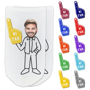 Custom printed #1 fan design with photo face cropped onto character you select digitally printed on the top of white cotton no show socks makes a great gift for the sports fan.