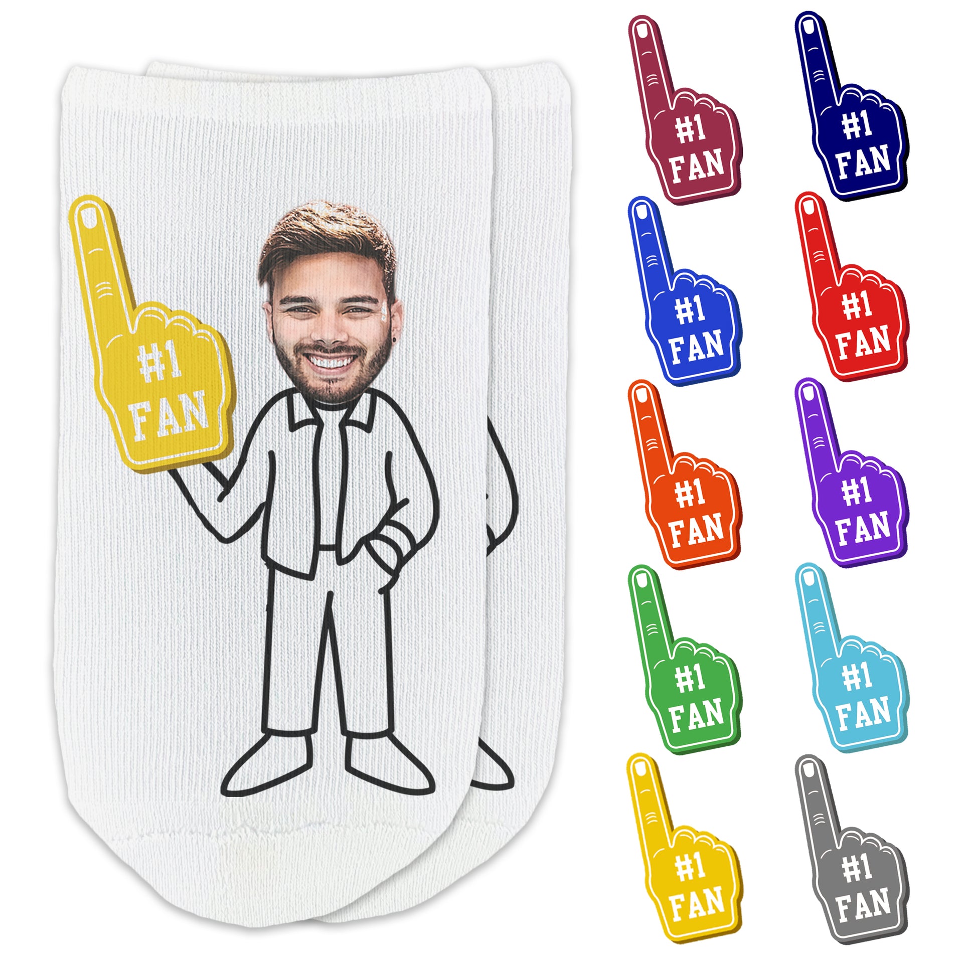 Custom printed #1 fan design with photo face cropped onto character you select digitally printed on the top of white cotton no show socks makes a great gift for the sports fan.