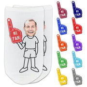 Custom printed #1 fan foam finger design with your photo face cropped onto the body clothing you select and digitally printed on the top of white cotton no show socks.