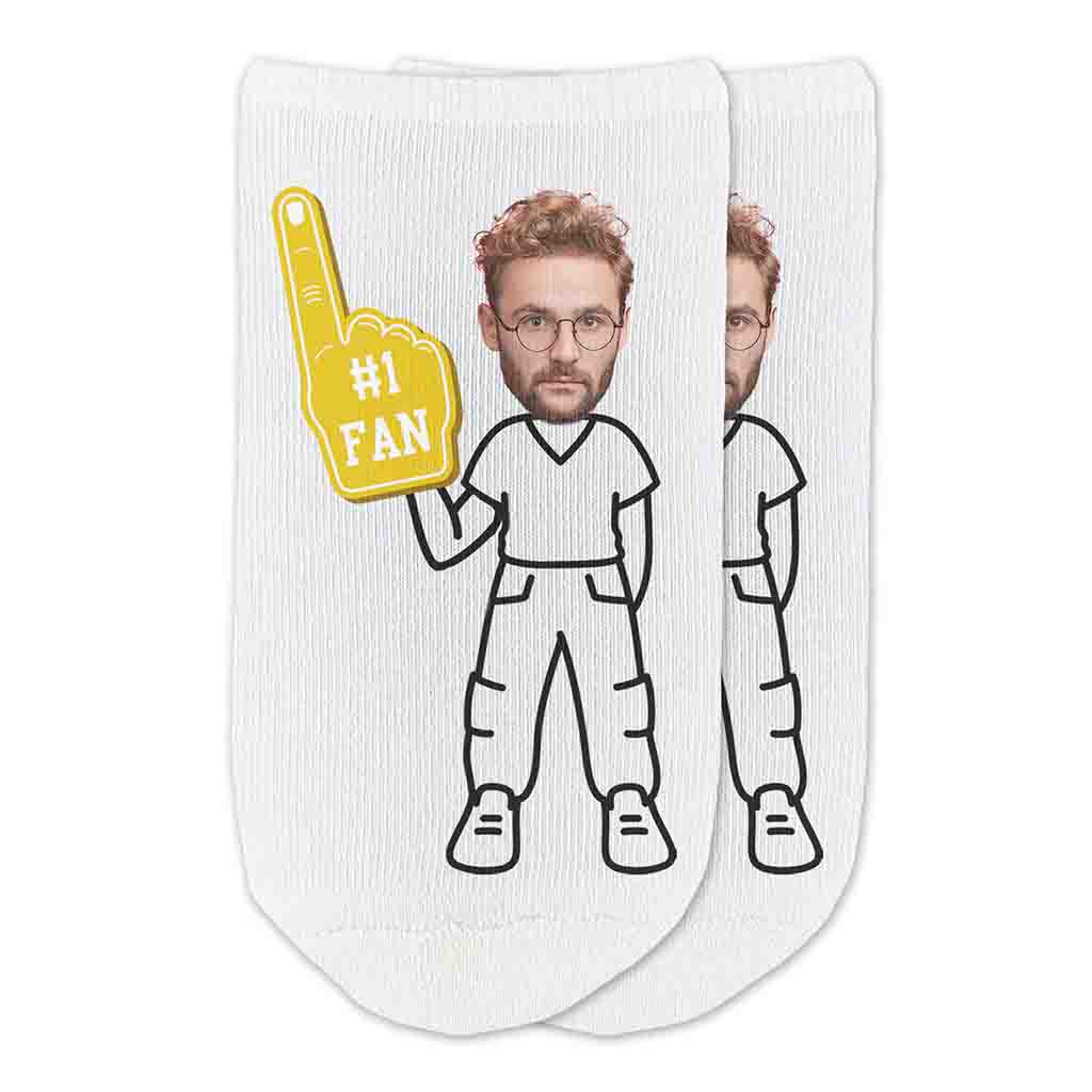 #1 fan in gold color personalized photo face on selected body style custom printed on white no show socks.