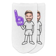#1 fan foam finger in purple personalized photo face on selected body style custom printed on white no show socks.