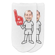 Fun #1 fan foam finger in red personalized photo face on selected body style digitally printed on white no show socks.