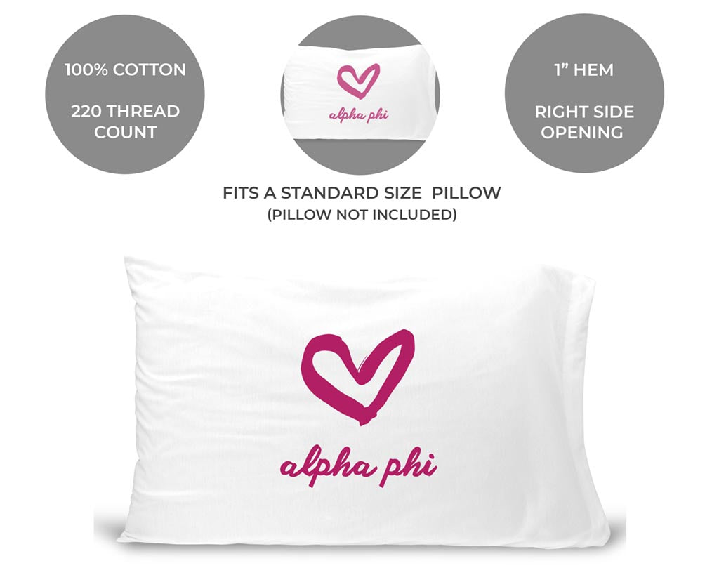 Alpha Phi sorority name and heart design custom printed on pillowcase