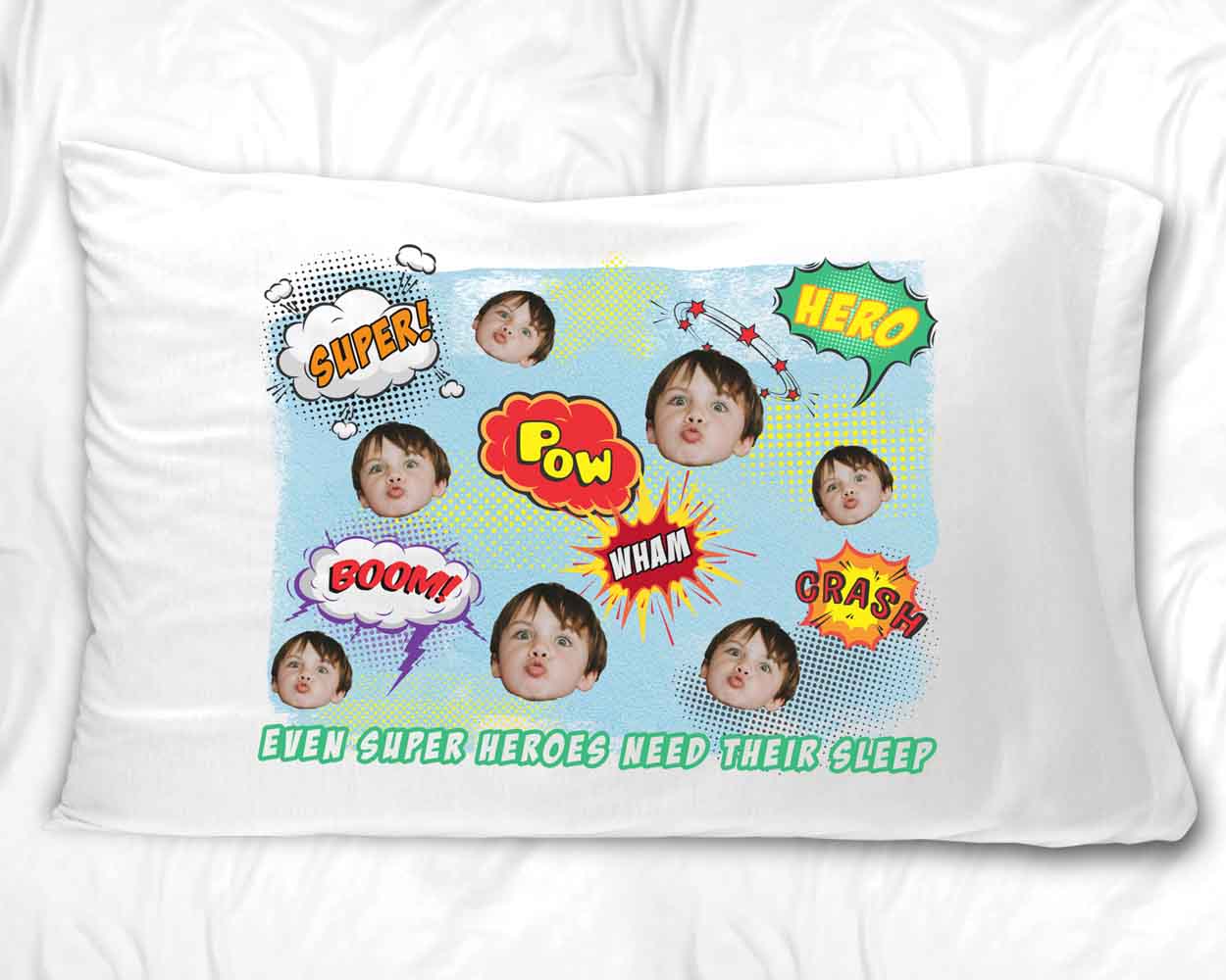 Custom printed superhero pillowcase design with your photo face cropped into the image and printed all over makes a unique gift for someone special.
