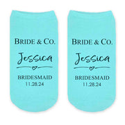 Custom printed wedding party socks personalized with your name, date, and role with a tiffany style design on turquoise no show socks.