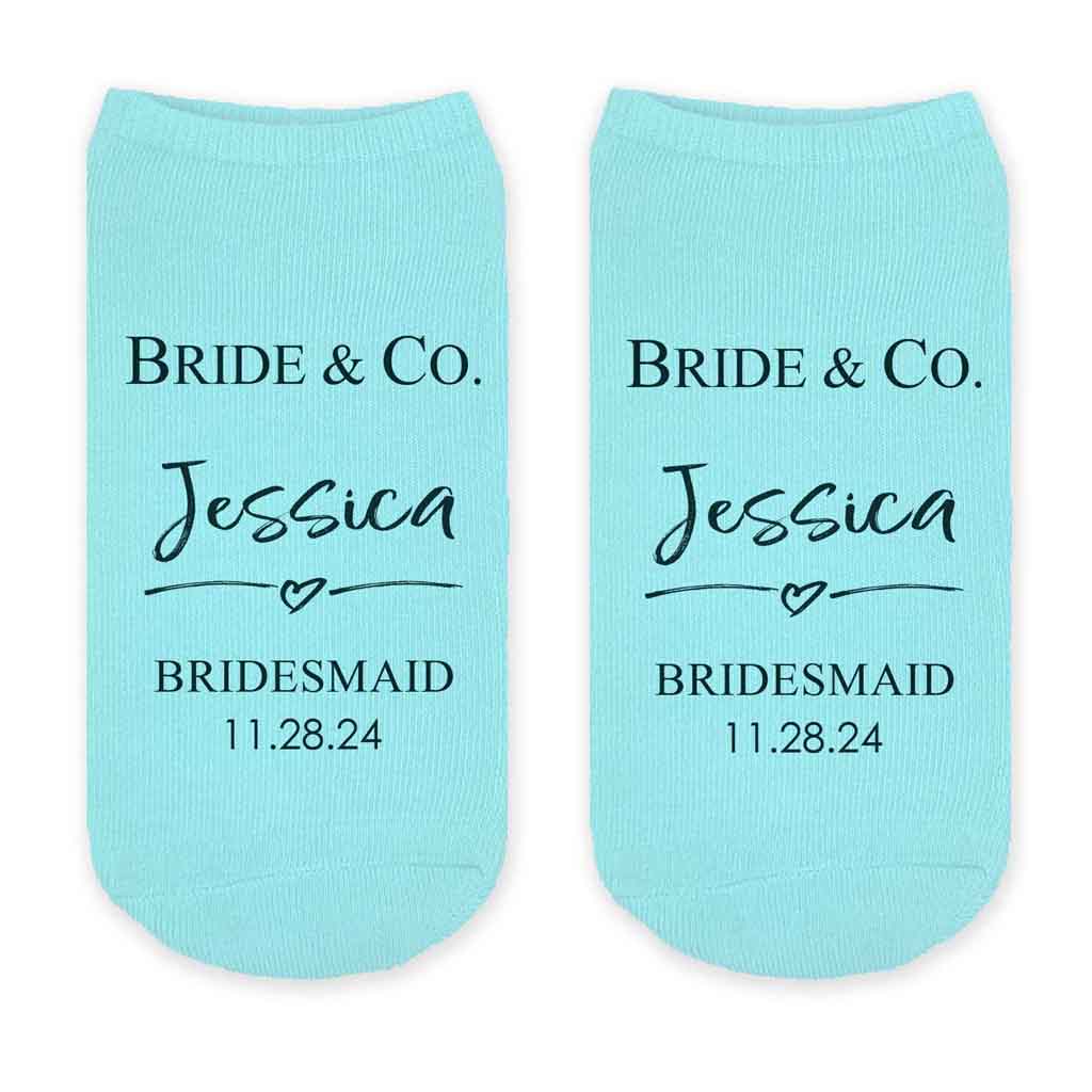 Custom printed wedding party socks personalized with your name, date, and role with a tiffany style design on turquoise no show socks.