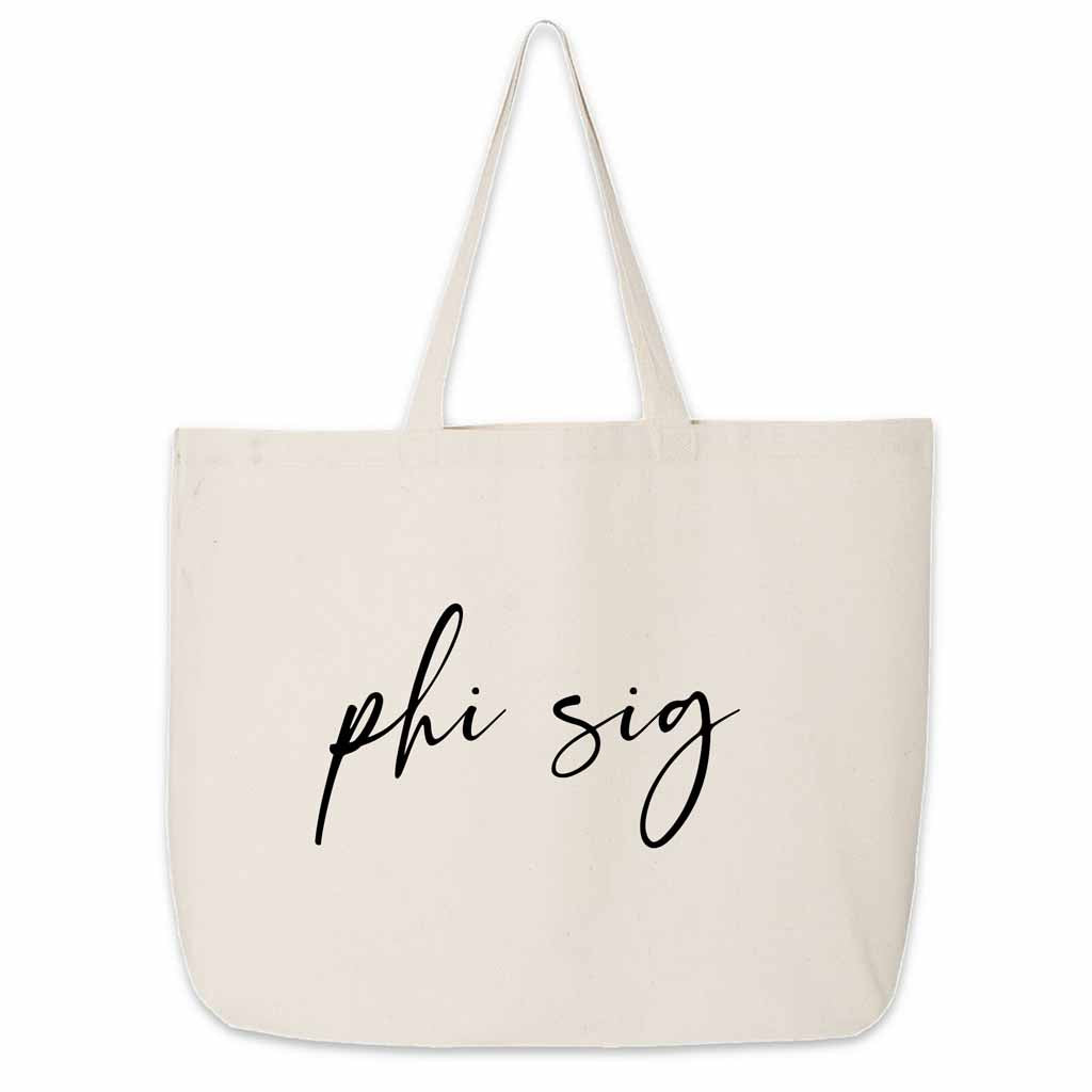 Phi Sig roomy canvas tote bag custom printed with sorority nickname makes a great college carry all.