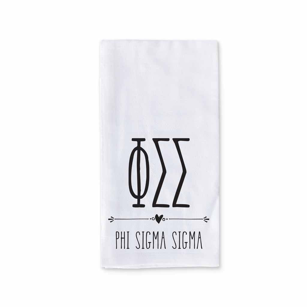Phi Sigma Sigma sorority name and letters custom printed with boho style design on white cotton kitchen towel.
