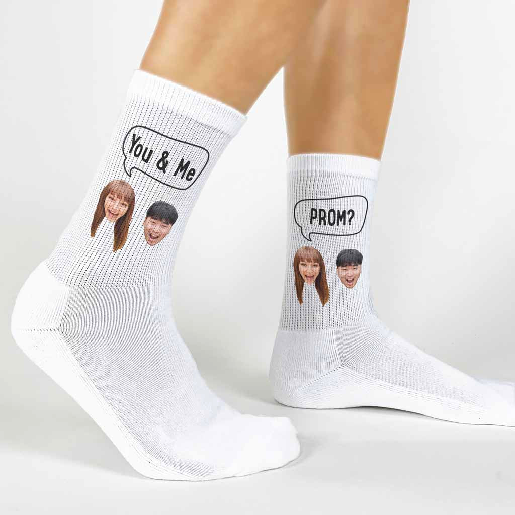 Custom promposal photo socks questions digitally printed on white cotton crew socks make these a fun unique way to ask someone to prom.
